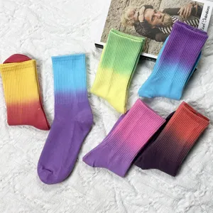 Colorful tie dye gradient mid tube cotton socks for women spring summer casual sports couple