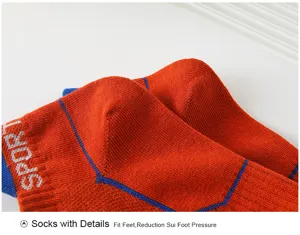 Close-up of men's athletic socks detail, orange cotton breathable sports short socks.