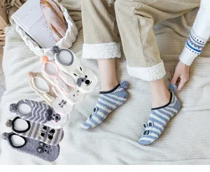 Thickened fleece winter home floor socks for women, warm cute animal slip-resistant sleep socks.