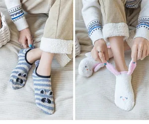 Women thick coral fleece sleep socks cute animal ears winter warm cozy indoor floor socks.