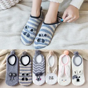 Thick coral fleece winter home floor socks with cute animal 3D plush ball warm fuzzy socks