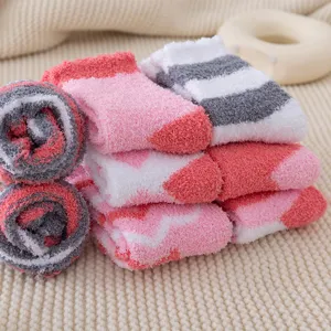 Cozy plush fuzzy winter warm thick socks for women pink striped home sleep wear soft