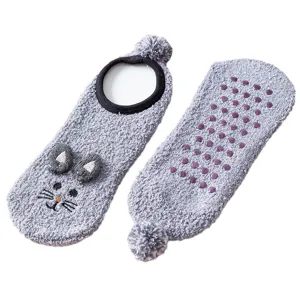 Cozy coral fleece anti-slip home floor socks for women with cute animal ears and grips.