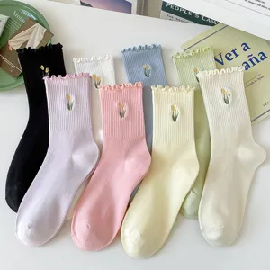Women Lettuce Trim Mid Calf Socks Spring Summer Thin Cotton Stacked Socks Cute Floral Embroidered Solid Color Hosiery