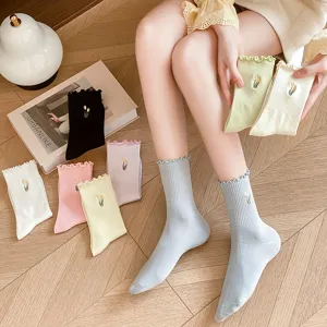 Cotton ruffled mid-tube socks with floral embroidery for women, spring and summer wear.