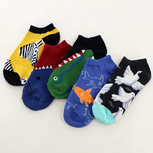 Colorful cartoon low cut socks featuring cute animal patterns like zebra, shark and birds.