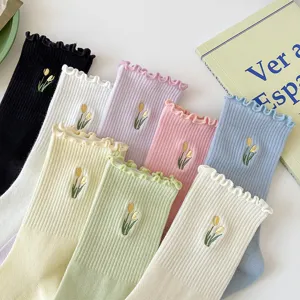 Women cute ruffle mid-calf cotton socks with delicate tulip embroidery set multi-color