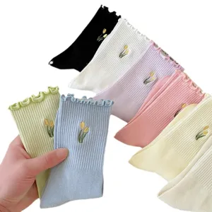 Women ruffle mid tube socks cute tulip embroidery cotton spring summer colorful fashion hosiery