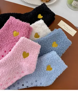 Cozy fleece winter socks for women with cute heart embroidery and anti slip dots home wear