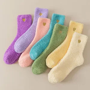 Women's Winter Warm Coral Fleece Sleep Socks Embroidered Heart Home Floor Socks