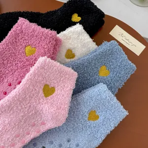 Cozy coral fleece women socks with cute gold heart embroidery anti slip soft fuzzy sleep home socks