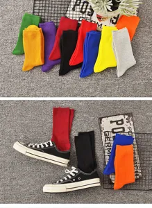 Vibrant colorful cotton mid-tube socks detail shot, solid color casual daily wear socks for women.