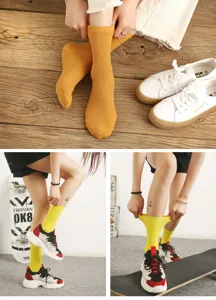 Women solid color ribbed mid tube socks casual cotton breathable daily wear spring autumn
