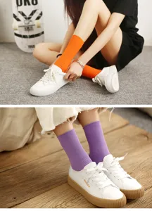 Women solid color mid tube socks casual cotton breathable daily wear detailed presentation