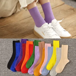 Women Casual Cotton Slouch Socks Solid Color Ribbed Knit Mid Tube Long Socks Daily Fashion Socks Breathable Comfortable Hosiery