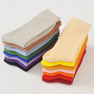 Women autumn solid color cotton crew socks, Japanese style breathable ribbed knit socks.