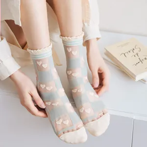 Sheer mesh crystal socks with cute hearts and ruffled cuffs, breathable summer hosiery.