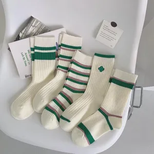 Women green striped mid tube socks Japanese college style cute cotton autumn winter casual socks