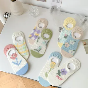Cute floral mesh boat socks women summer thin breathable shallow cut non slip invisible short socks
