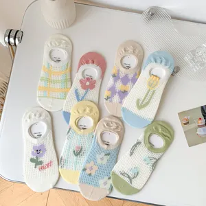 Detailed shot of cute cotton mesh boat socks, summer thin breathable shallow mouth invisible design.
