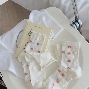 White sweet style mid-calf socks detail, cute strawberry and bow embroidery patterns.