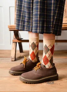 Karierte Wollsocken Damen dick warm britischer College Stil Retro Karo Socken Winter