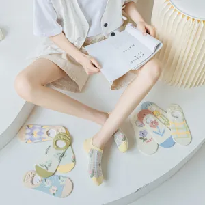 Women cute floral mesh boat socks summer thin invisible anti-slip shallow cut socks pair