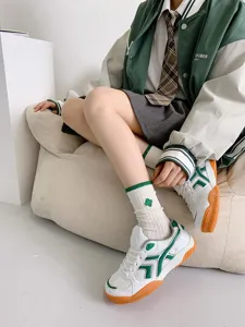 Green striped mid-tube socks with clover embroidery, Japanese college style fashion socks.