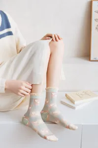 Japanese style sheer mesh women socks with cute green check and heart pattern ruffle top thin
