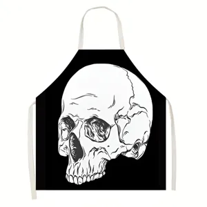 Detailed view of Halloween skull print apron design, spooky black and white graphic style.