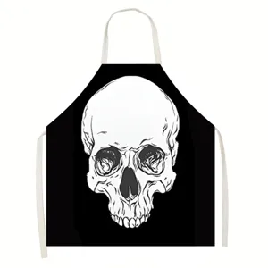 Detailed view of the Halloween skull print sleeveless apron, perfect for cooking and parties.