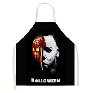 Halloween horror movie character printed apron with adjustable white straps for kitchen baking.