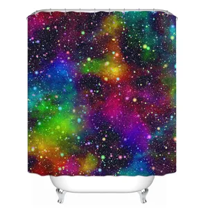 Colorful galaxy space shower curtain detail, vibrant nebula starry night pattern bathroom decor.
