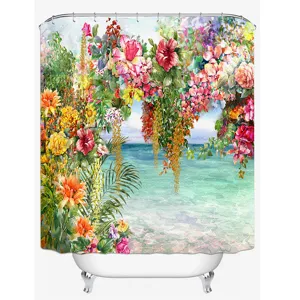 Waterproof watercolor floral beach shower curtain vibrant botanical home bathroom decor