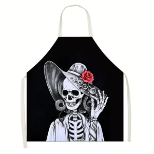 Halloween skeleton print kitchen apron with red rose design for cooking and baking parties.