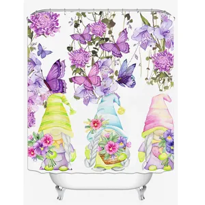Watercolor gnome and butterfly shower curtain detail showing cute spring flowers pattern close up