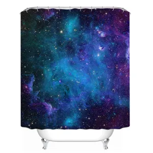 Galaxy print shower curtain detail, vibrant cosmic nebula pattern with deep blue and purple stars.