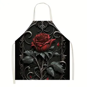 Gothic red rose apron detail showing delicate vintage iron scrollwork and premium fabric texture.