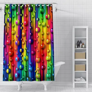 Vibrant colorful bubbles shower curtain detail showcasing bright vertical stripes and waterproof fabric.