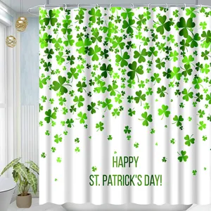 St. Patrick's Day green clover print shower curtain detail view, waterproof fabric design.