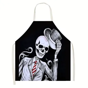 Skeleton apron detail view featuring gothic top hat illustration and red striped tie design.