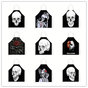 Halloween Horror Skull Print Sleeveless Linen Apron Gothic Spooky Skeleton Rose Cooking Baking Bib Party Decor