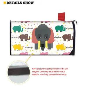Vue détaillée du couvercle de boîte aux lettres magnétique avec motifs d'éléphants colorés
