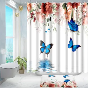 Waterproof fabric shower curtain and bath mat set featuring watercolor floral and blue butterfly patterns.
