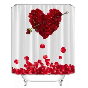 Romantic red rose petal heart shower curtain, beautiful floral bathroom decor detail.