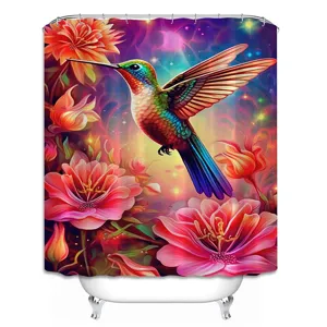 Vibrant watercolor hummingbird shower curtain featuring a colorful floral botanical art print.
