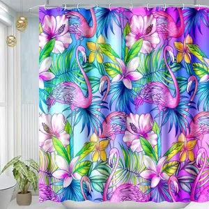 Tropical flamingo shower curtain detail, vibrant floral palm leaf print bathroom decor.
