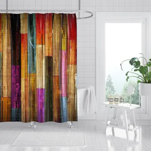 Colorful wooden plank pattern shower curtain detail view, abstract art bathroom decor.