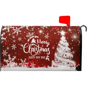 Gros plan détail de la housse de boîte aux lettres de Noël avec flocons et sapin blanc.