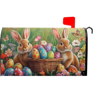 Vue détaillée de la housse de boîte aux lettres magnétique de Pâques avec lapins et fleurs colorées.